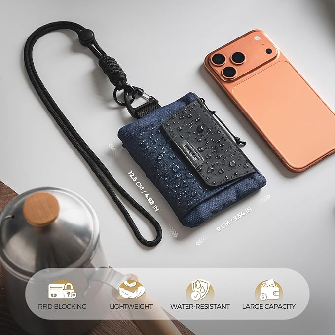 VULKIT RFID Blocking Lanyard Wallet for Men and Women, Nylon Neck Wallet with ID Window, Zipper Pouch and Keychain, Magnetic Pocket for Hiking, Fishing and Outdoor Activities, Navy Night