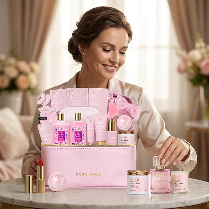 25 Pcs Mother's Day Gift, Rose Bath & Body Gift Basket Set for Women, Hydrating Skin Care Set, Self Care Gifts, Cosmetic Bag, Necklace, Christmas, Birthday, Anniversary, Mom, Wife