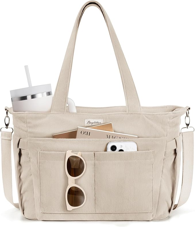 Bagstellar Corduroy Tote Bag for Women, 17 Pockets Laptop Work Tote Bag Lightweight Teacher Nurse Bible Bag for School Travel | with 40oz Cup Holder, Multi Compartment, Zipper Crossbody Bag, College Shoulder Bag, Daily Purse w/ Strap, Ideal Gift for Women