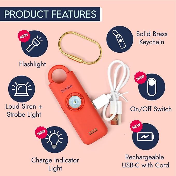 She’s Birdie 3.0 New Version – The Original Personal Safety Alarm for Women by Women–Loud Siren, Flash Light and Rechargeable Battery in a Variety of Colors (Coral Orange)