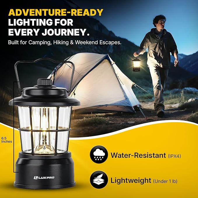 LUXPRO Retro LED Lantern - Battery-Powered Emergency Lantern - Water Resistant - Bright LED Lamp for Indoor & Outdoor Use - Use for Tents, Hiking or Hurricane Prep (Black, Pack of 2)