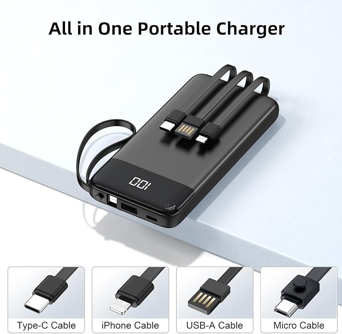 Portable Charger Built-in Cables,10000mAh Power Bank for iPhone,Fast Charge USB C Battery Pack Travel Essentials Slim Lightweight Powerbank Compatible with iPhone 17/16/15/14, Samsung, Android, etc