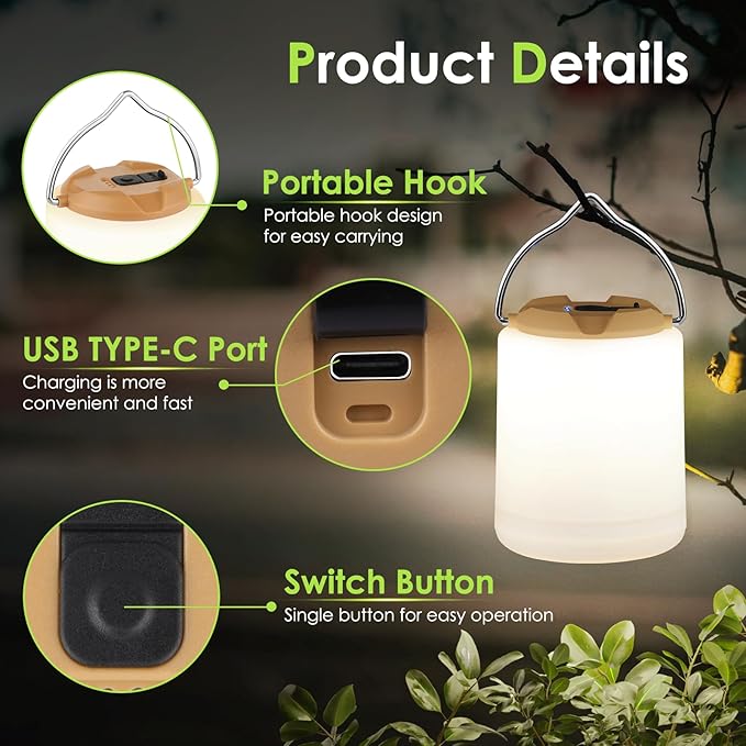 BOBKID LED Camping Lantern, Rechargeable Camping Light, 4 Modes Outdoor Flashlights Lanterns with 1000LM, Water Resistant Portable Emergency Camp Light for Hurricane Hiking Survival Kits - Khaki