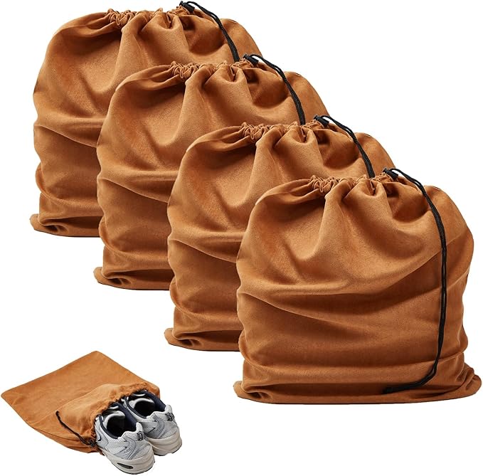 LAKE OF FIRE 4-Piece Travel Shoe Bags for Packing, 17.7" x 13.8" Dustproof Shoe Bags with Drawstring Closure,Washable & Reusable(Brown)