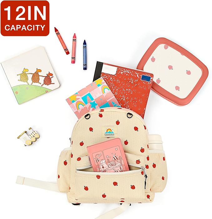 STEAMEDBUN Corduroy Toddler Backpack for Girls 2-4: Kids backpack for Boys Girls - 12 inch Preschool Kindergarten Backpacks - Strawberry
