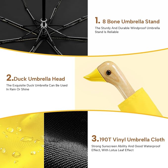 Compact Small Umbrellas for Rain&Sun, Cute Design Duck Head Umbrella for Girls Gifts, 8 Ribs Folding Umbrella with Wooden Handle