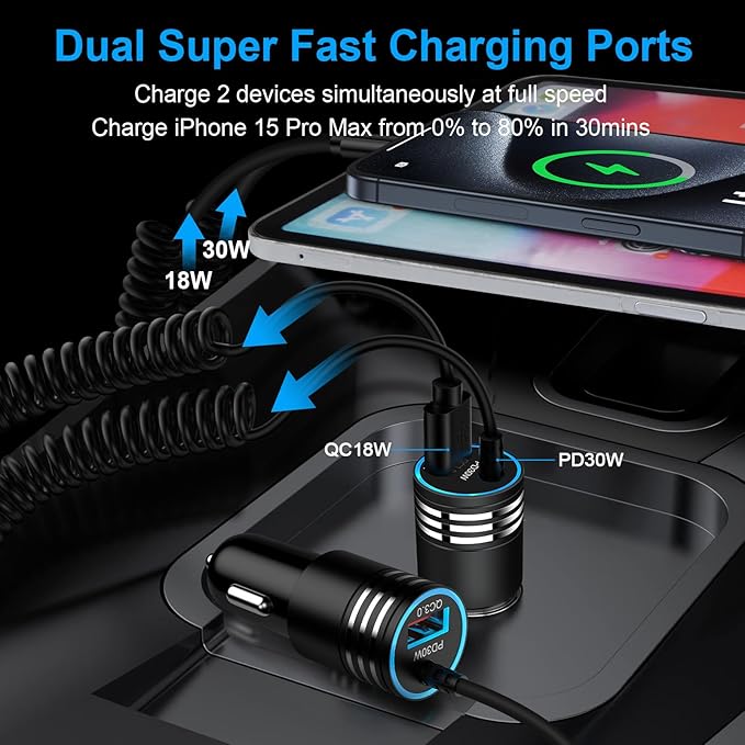 48W Super Fast Car Charger USB C for Samsung Galaxy S26 Ultra S25 S24 FE A16 5G A15 A14 A56 S23 S22 S21, iPhone 17 16 15 Pro Max Plus, Android Phone Type C Car Charger Adapter with USB C Coiled Cable