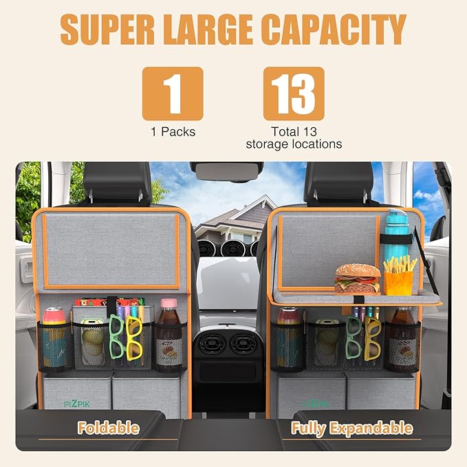 Plzpik Car Backseat Organizer with Tablet Holder,11 Storage Pockets with Foldable Food Tray, Protector Kick Mats for Kids, Travel Accessories Organizer (Orange, 1Pack)