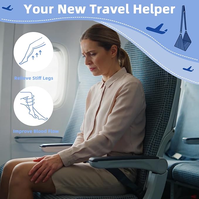 Airplane Foot Hammock, No Collapse Foot Rest for Plane Travel with Extended Adjustment Strap, Portable Desk Foot Hammock with,Cotton Denim, Foot Sling Travel Essentials to Relax Your Feet (Dark Blue)