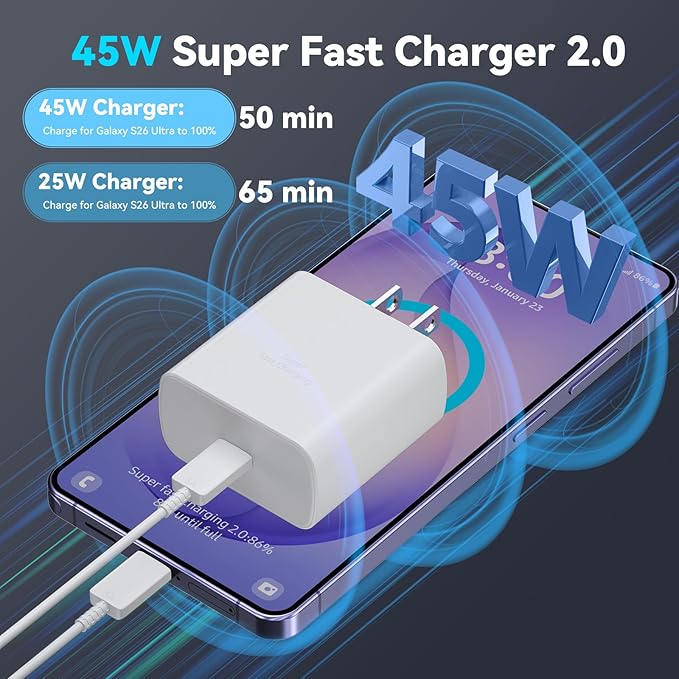 45W Super Fast Charger USB Type C Charger Cord 6.6FT with Android Phone Charger Fast Charging Block for Samsung Galaxy S26/S26 Ultra/S26+/S25/S25 Ultra/S25+/S24/S23/S22/S20/S21/Note 20/Note 10, White