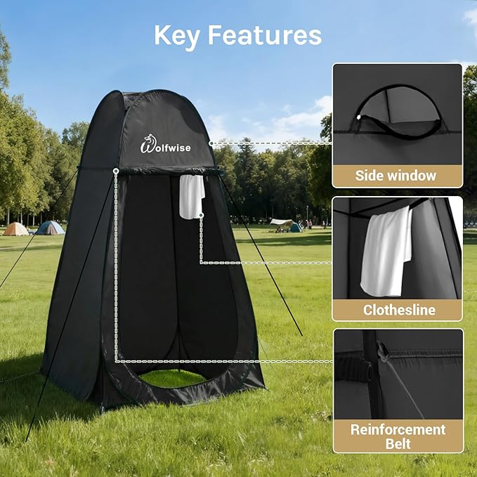 Wolfwise Pop Up Shower Tent for Camping Essentials, Portable Instant Changing Tent with Ventilation Window & Carry Bag, Privacy Dressing Room Bathroom Toilet for Beach & Outdoor, Standard, Black