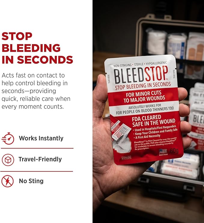 BleedStop™ First Aid Powder for Blood Clotting, Trauma Kit, Blood Thinner Patients, Camping Safety, and Survival Equipment for Moderate to Severe Bleeding Wounds or Nosebleeds 5 Pack 15g