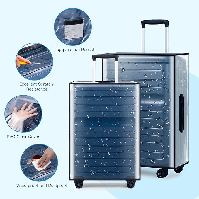 3 Pieces Thicken Clear Luggage Cover Protector with Tag Pocket, 20" 24" 28" PVC Luggage Covers for Suitcase Waterproof Dustproof Anti-scratch Travel Suitcase Covers Case for Wheeled Luggage