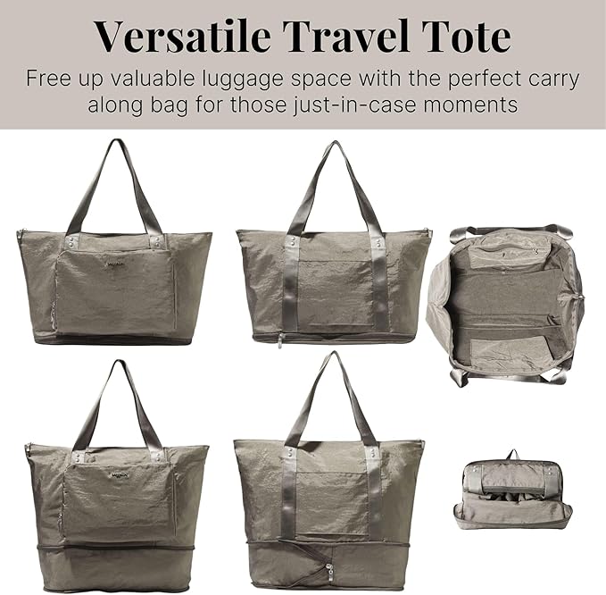 Baggallini Carryall Expandable Lightweight Travel Tote 22" Packable Folding Compact Nylon Washable Weekender w/Luggage Sleeve