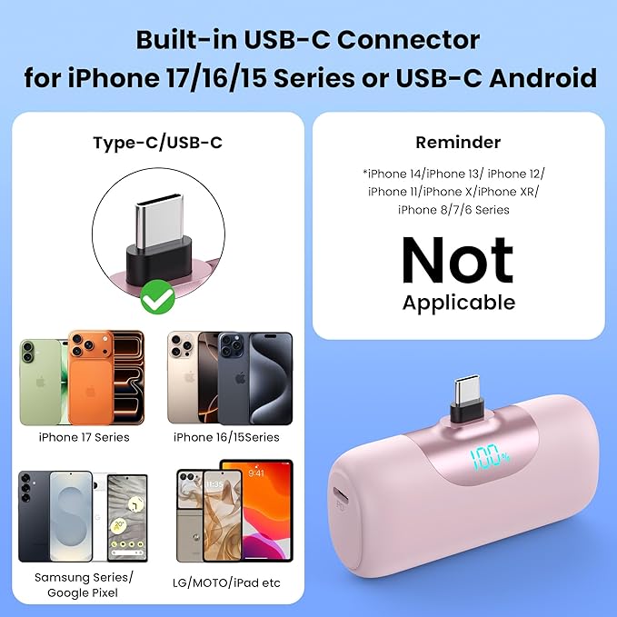 [2 Packs]Mini Portable Charger for iPhone 17/16,5500mAh LCD Display USB C Power Bank,Fast Phone Charging Travel Pocket Size Battery Pack for iPhone 17/17 Pro Max/Air/16/15 Series,Android(Pink+Purple)