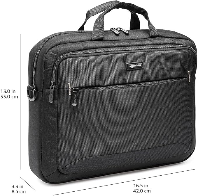 Amazon Basics 15.6 in Laptop Bag with Shoulder Strap and Handle, Large Capacity, Spacious Compartments, Black