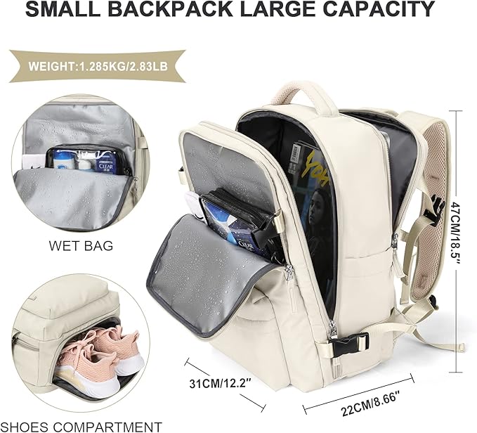 WONHOX Large Travel Backpack Women, Carry On Backpack,Hiking Backpack Waterproof Outdoor Sports Rucksack Casual Daypack with USB Charging Port Shoes Compartment,Beige
