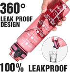 OLDLEY Water Bottle, 32oz Motivational Sports Water Bottle with Time Marker - Times to Drink - Tritan, BPA Free, Wide Mouth Leakproof,Anniversary Birthday Gifts for Men Women, Clear Red