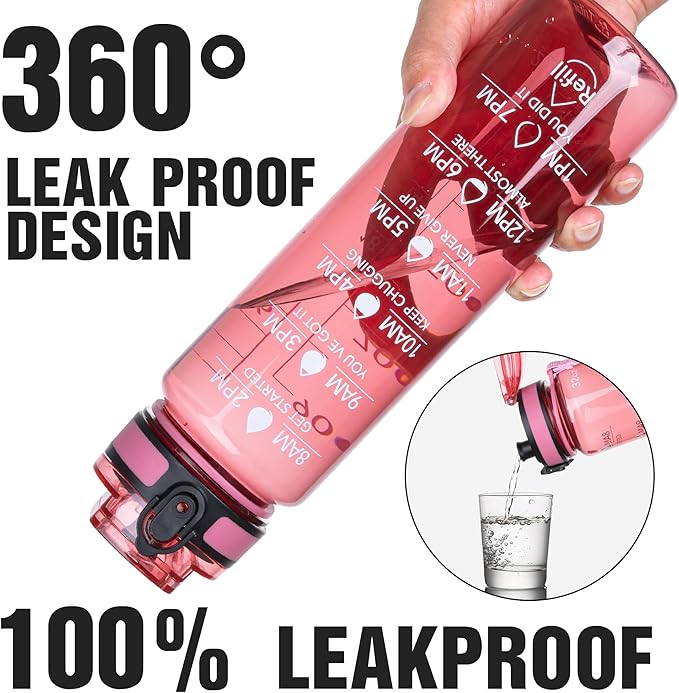 OLDLEY Water Bottle, 32oz Motivational Sports Water Bottle with Time Marker - Times to Drink - Tritan, BPA Free, Wide Mouth Leakproof,Anniversary Birthday Gifts for Men Women, Clear Red