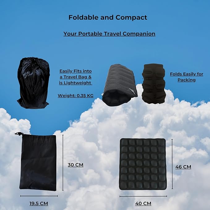 Inflatable Airplane Seat Cushion – Travel Seat Pad for Long Flights, Comfortable Air Travel Cushion with Built-in Thumb Pump for Quick Pressure Relief