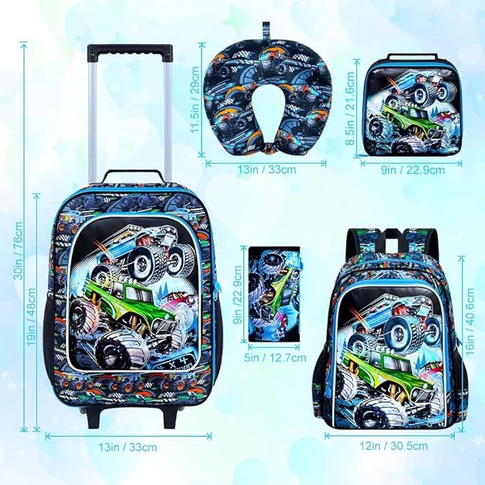 5Pcs Kids Luggage for Boys, Truck Rolling Travel Carry on Suitcase for Toddler Children with Wheels(Blue)