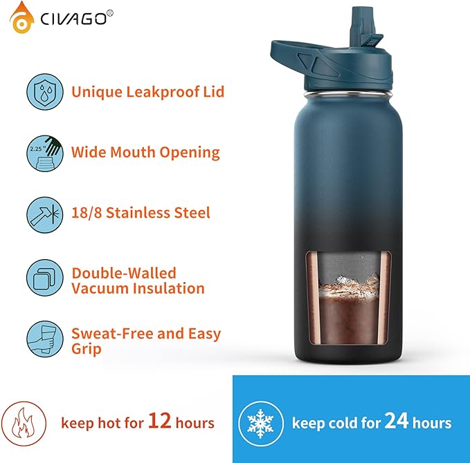 CIVAGO 32 oz Insulated Water Bottle With Straw, Stainless Steel Sports Water Cup Flask with 3 Lids (Straw, Spout and Handle Lid), Wide Mouth Travel Thermal Mug, Navy Blue
