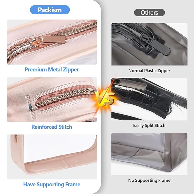 F-color TSA Approved Toiletry Bag 3 Pack Medium - Clear Makeup Bag Travel Quart Size for Women Men, Clear Cosmetic Bag Airport Airline Compliant Carry on Bag, Nude Pink