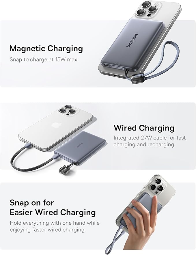 Baseus Picogo Qi2 15W Magsafe Portable Charger, 0.5" Ultra Slim 10000mAh Wireless Power Bank with 27W Built-in USB-C Cable, Magnetic Battery Pack for iPhone 17 Pro Max/17 Pro/Air/16/15/14/13/12