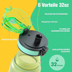 Sahara Sailor Water Bottle 32oz, Durable and Leakproof Water Bottles Motivational with Time Marker, Tritan, BPA Free, Wide Mouth with Easy Clean Brush for Gym, Travel, Home, School, Office (1 Bottle)