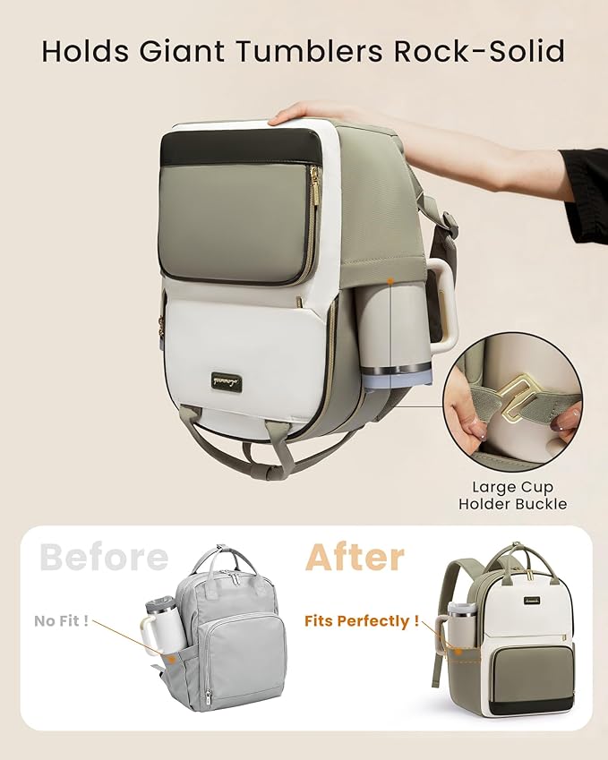 LOVEVOOK Laptop Backpack for Women with Giant Tumbler Holder Pocket, 15.6 inch Travel Work Backpack Purse for Teacher Nurse, Waterproof College Book Bag Cute Casual Daypack, Beige-Nude