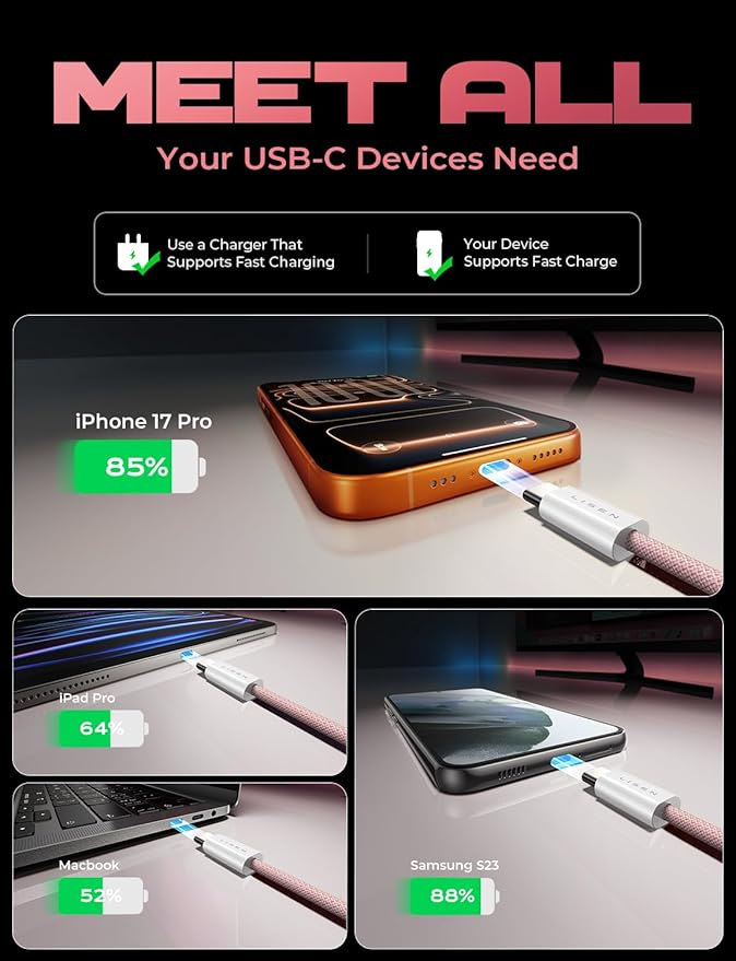 LISEN USB C to USB C Cable, 5-Pack [3.3/3.3/6.6/6.6/10FT] Pink for iPhone 17 Charger Cord, 60W C to C Cable Fast Charging for iPad, iPhone 17 Air 16 15 Pro Max, Samsung Z Flip 7/S25/S24