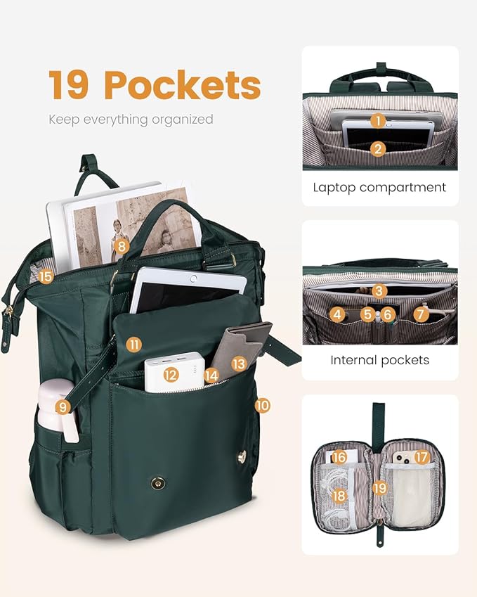LOVEVOOK Laptop Backpack for Women Work Travel Backpack Purse, Nurse Bags Teacher Doctor Commuter Business Computer Bag, College Backpack Stylish Daypack, 17 Inch, Dark green-dark green