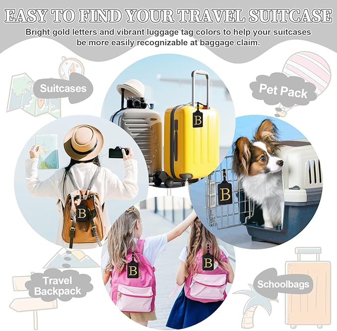 Personalized Initial Luggage Tags for Suitcase TSA Approved, Black Leather Cute Luggage Tag with Privacy Cover Name Card, Embroidered Custom Luggage Tags Travel Backpack Tags Gifts for Women Kids(B)