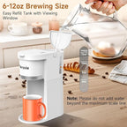 Horavie Small Single Serve Coffee Maker, Fast Brew One Cup Coffee Machine for K Cup and Grounds, 6 to 12 oz. Brew Sizes, Capsule Coffee Machine with Descaling Reminder and Viewing Tank, White