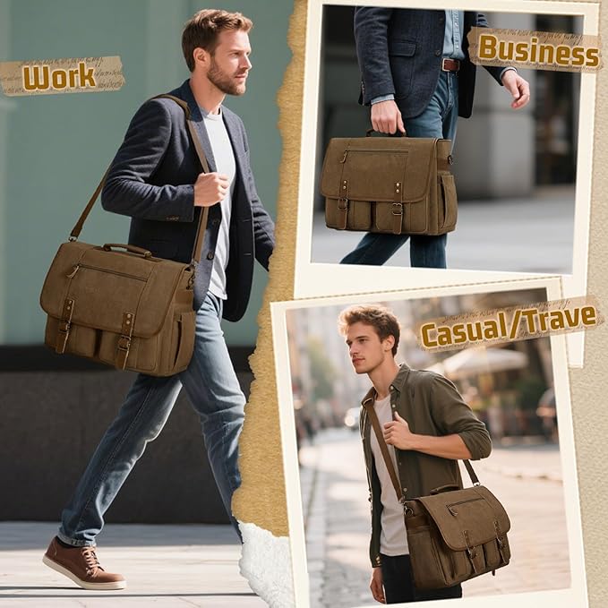 RAINSMORE Mens Messenger Bag 17-17.3 Inch Vintage Canvas Briefcase Water-resistant Large Computer Laptop Bag Rugged Satchel Shoulder Bag for Work Travel, Bookbag for College