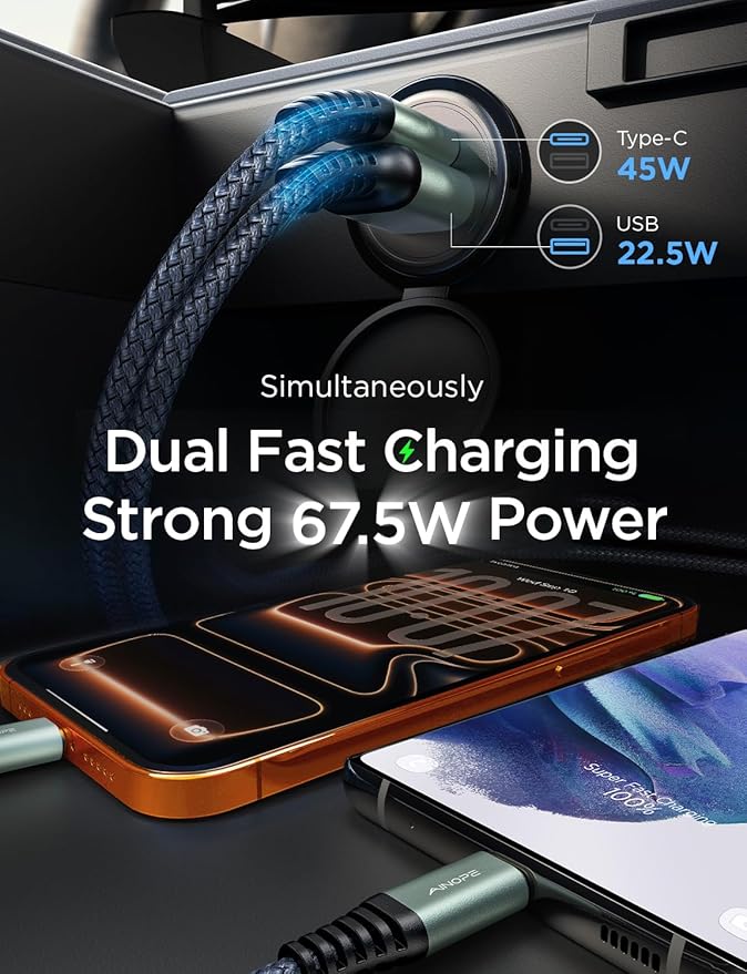 AINOPE 67.5W Car Charger USB C Fast Charge, PD 45W USB C Car Charger Fast Charging【Mini & Metal】 Cigarette Lighter Adapter USB-C Type C Car Charger for iPhone 17 16 15 Pro Max, for Samsung S26 S25