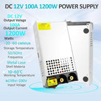 DC 12V 100A 1200W Power Supply 110V AC to 12v DC Converter Power Supply Adapter 100A 1200W Switch Transformer for Motor Pump CCTV Security Camera Car Stereo 3D Printer