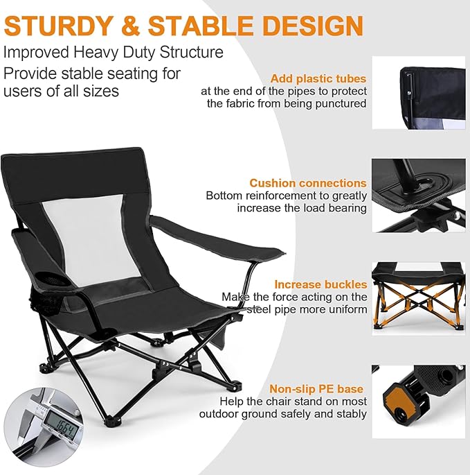 Joyfair Beach Camping Chair (2 Pack), Outdoor Folding Lawn Chair for Adults, Heavy Duty Portable Chair with Armrest for Outside Fishing, Sport, Patio, Cup Holder & Storage Pocket, Carry Bag (Black)