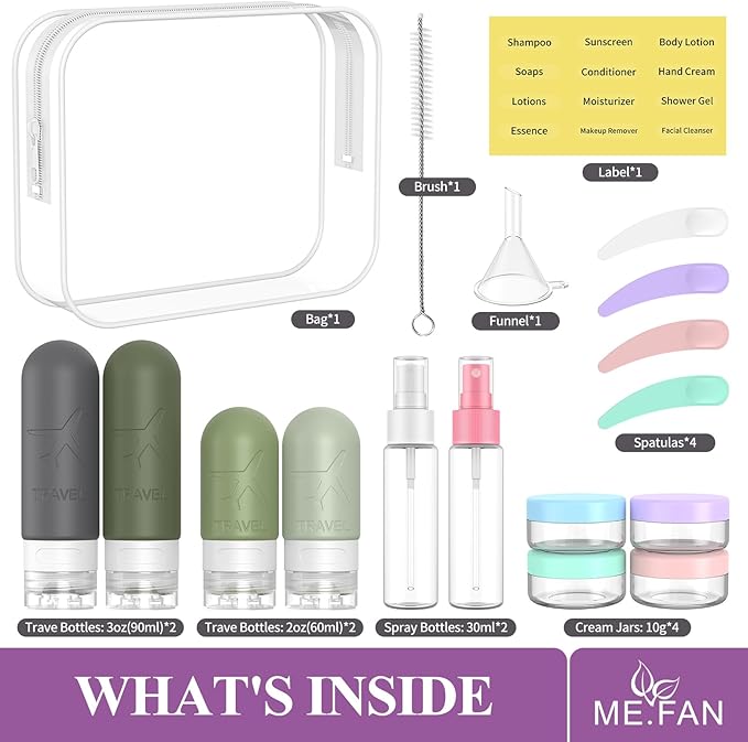 ME.FAN 18 Pack Travel Bottles for Toiletries, TSA Approved Travel Size Containers Set, Silicone Squeezable Portable Split Bottle, Travel Accessories for Conditioner, Shampoo, Lotion - Desert Sage