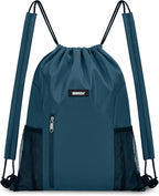 WANDF Drawstring Backpack with Shoulder Pad Sports Gym Backpack with Mesh Pocket String Bag for Women Men (Blue-Green)