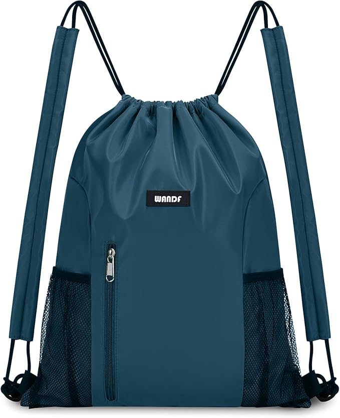 WANDF Drawstring Backpack with Shoulder Pad Sports Gym Backpack with Mesh Pocket String Bag for Women Men (Blue-Green)