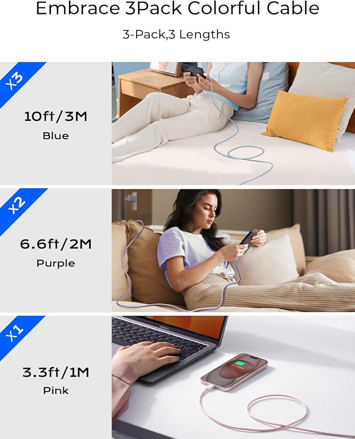 LISEN USB C Cable, 3-Pack [3.3/6.6/10FT] USBC to USBC Cable for iPhone 16e 15 Pro Max Charger Cord, 60W (3.1A) C to C Cable Fast Charging for Samsung S25/S24/23, Switch 2, iPad, MacBook