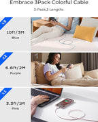 LISEN USB C Cable, 3-Pack [3.3/6.6/10FT] USBC to USBC Cable for iPhone 16e 15 Pro Max Charger Cord, 60W (3.1A) C to C Cable Fast Charging for Samsung S25/S24/23, Switch 2, iPad, MacBook