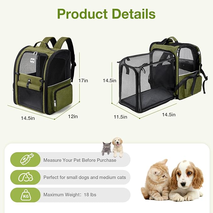 Large Cat Backpack Carrier Expandable Pet Carrier Backpack for Small Dogs Medium Cats Fit Up to 18 Lbs, Dog Backpack Carrier, Foldable Puppy Backpack Carrier for Travel, Hiking,Dark Green