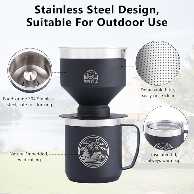 Stainless Steel Pour Over Coffee Maker Set, Outdoor Coffee Dripper, Reusable Coffee Filter&Insulated Camping Mug (16oz), for Hiking, Camping&Outdoor Adventures, Rinse-clean&Portable -Black