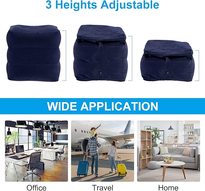 PATIKIL Travel Foot Rest Pillow, Inflatable Foot Rest Mat Adjustable 3 Layers Height Sleep Flights Leg Pillow for Airplane Train Office, Navy Blue