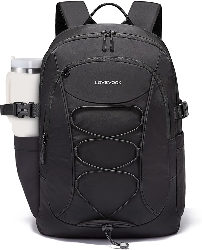 LOVEVOOK Mens Backpack with Giant Tumbler Holder Pocket,15.6 Inch Everyday Laptop Backpack Commuter Travel Work Computer Bag for Women,Waterproof Hiking College Teacher Back Pack Casual Daypack,Black