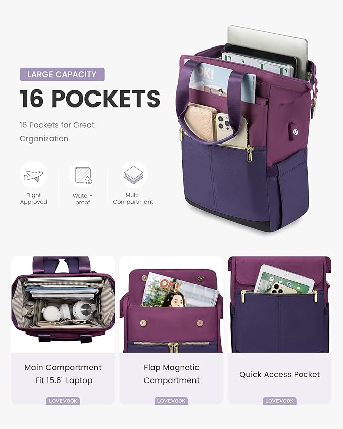 LOVEVOOK Laptop Backpack for Women, 17.7 Inch Work Laptop Bag with USB Port, Fashion Teacher Nurse Backpack Purse, Waterproof Travel Computer Backpack with Organizer Bag, 2pcs, Blue-Purple