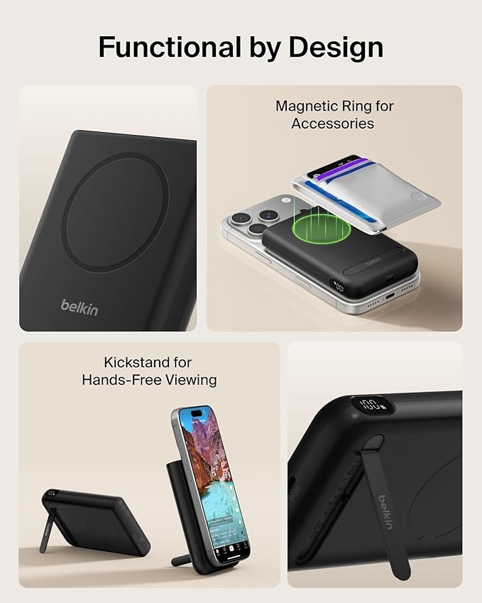 Belkin MagSafe Power Bank 10,000mAh, Qi2.2 25W Portable Charger w/Kickstand, Magnetic Back Supports MagSafe Accessories, Digital Display, Wireless Charging Battery Pack for iPhone 17, Pixel - Black