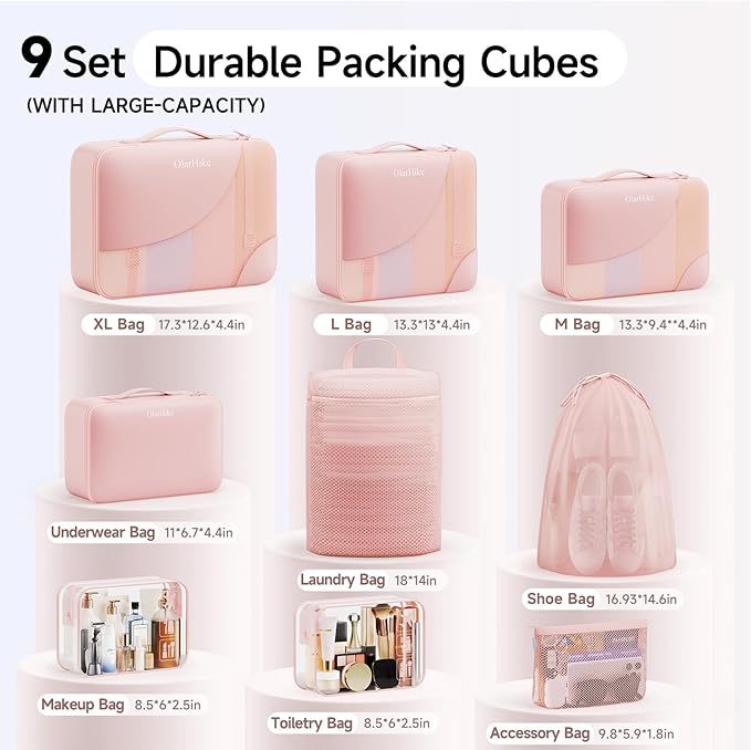 9 Set Packing Cubes for Travel, Gifts for Women Mom,Anti-Tearing Suitcase Organizer,OlarHike Vacation Essentials & Accessories for Cruise Ship